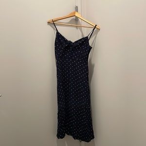 &other stories navy polka dot long/midi spaghetti strap dress with front knot